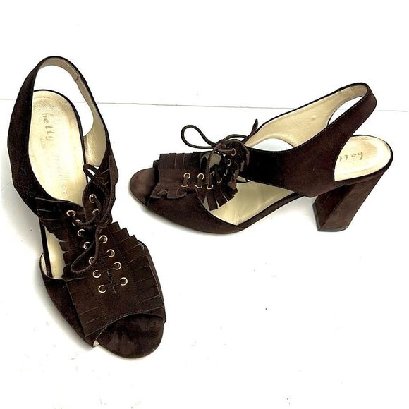 Bettye Muller Brown Suede High Heels Sandals Lace Up with Fringes Italy 40 US 10 - Picture 5 of 15